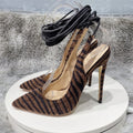 Dark Brown Hairy Zebra Women Pointed Toe Ankle Strap Slingbacks Stiletto Pumps