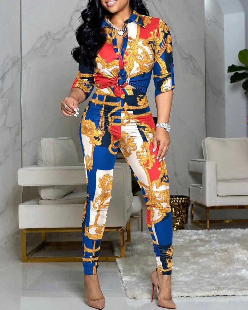 Scarf Chain Print Two Piece Set And Long Skinny Trousers eprolo