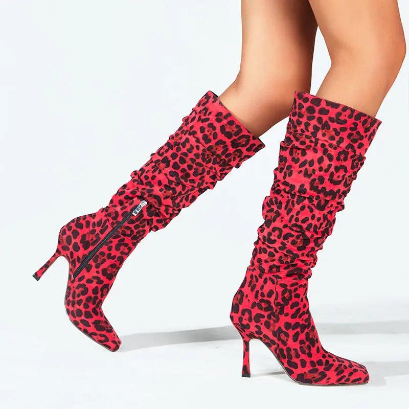 Leopard Print High-Heeled Boots Square Head Thin Heel eprolo