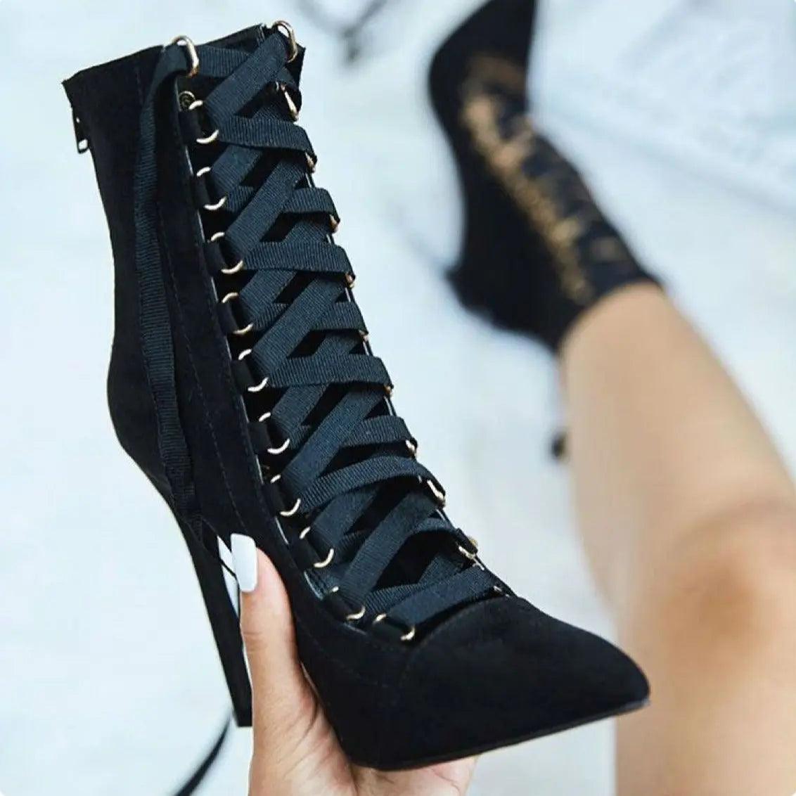 Cross-Strap Oxford Stiletto Heel Boots Pointed Toe eprolo