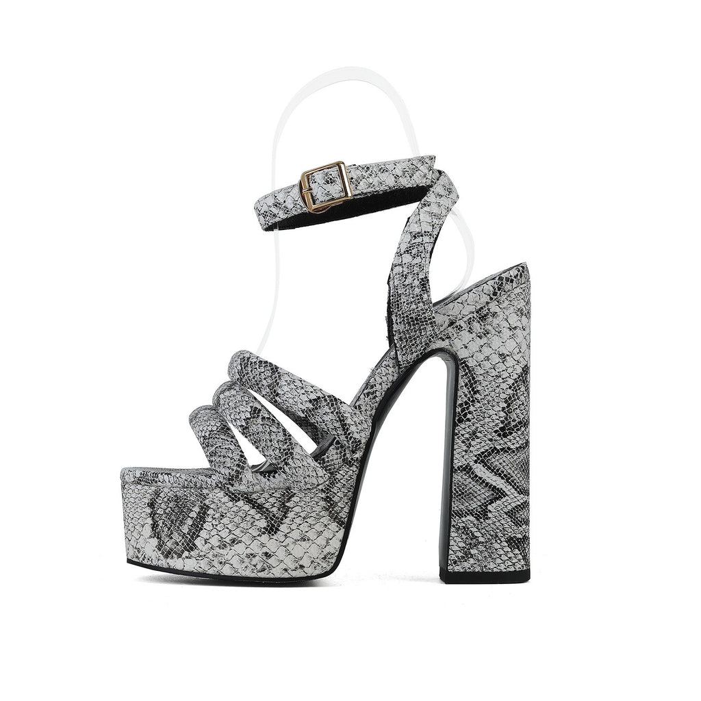 Round toe button strap with exposed toe snake pattern thick heel
