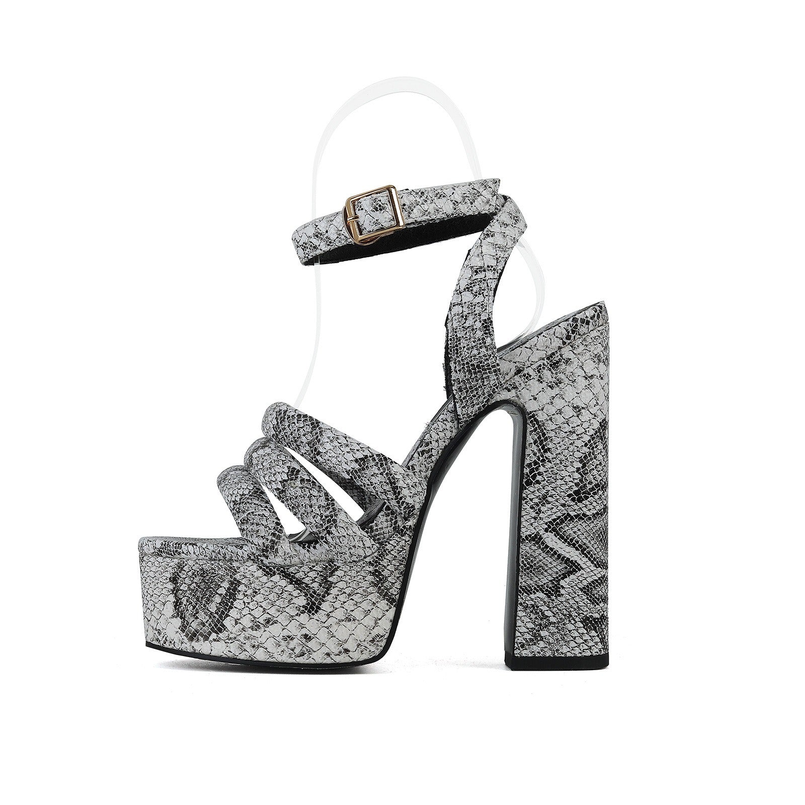 Round toe button strap with exposed toe snake pattern thick heel