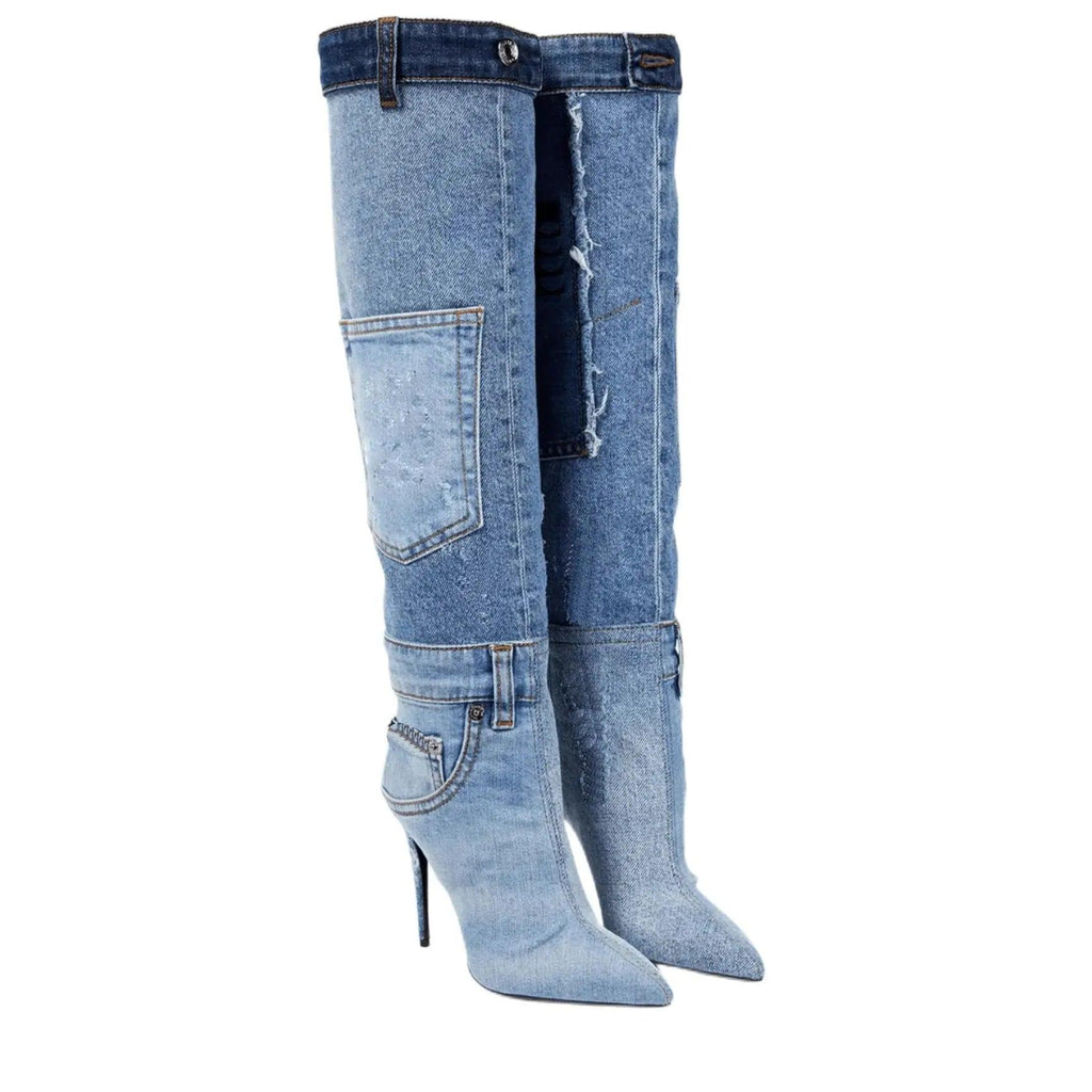 Blue Denim Pocket Pointed Toe Worn Washed Cloth Over The Knee Boots eprolo