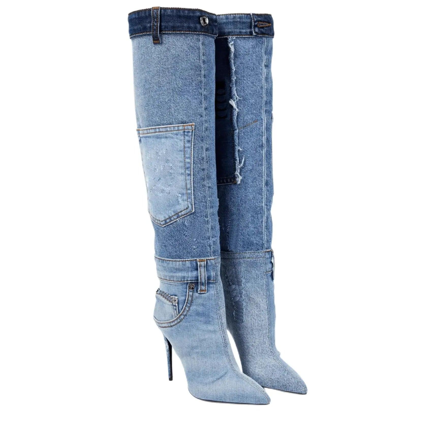 Blue Denim Pocket Pointed Toe Worn Washed Cloth Over The Knee Boots eprolo
