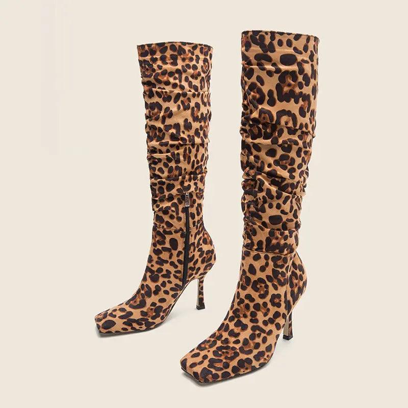 Leopard Print High-Heeled Boots Square Head Thin Heel eprolo