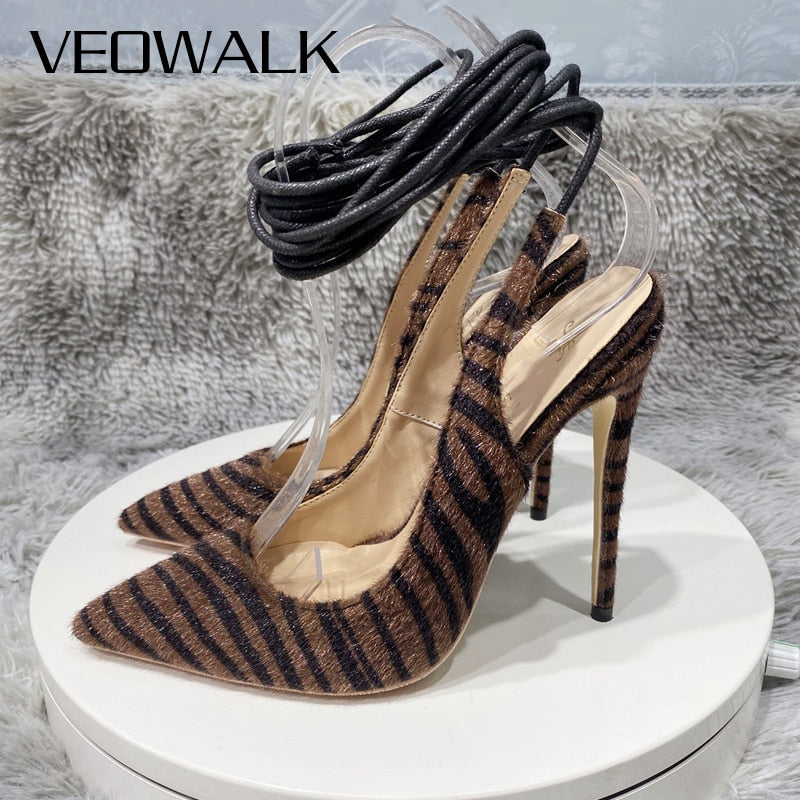 Dark Brown Hairy Zebra Women Pointed Toe Ankle Strap Slingbacks Stiletto Pumps