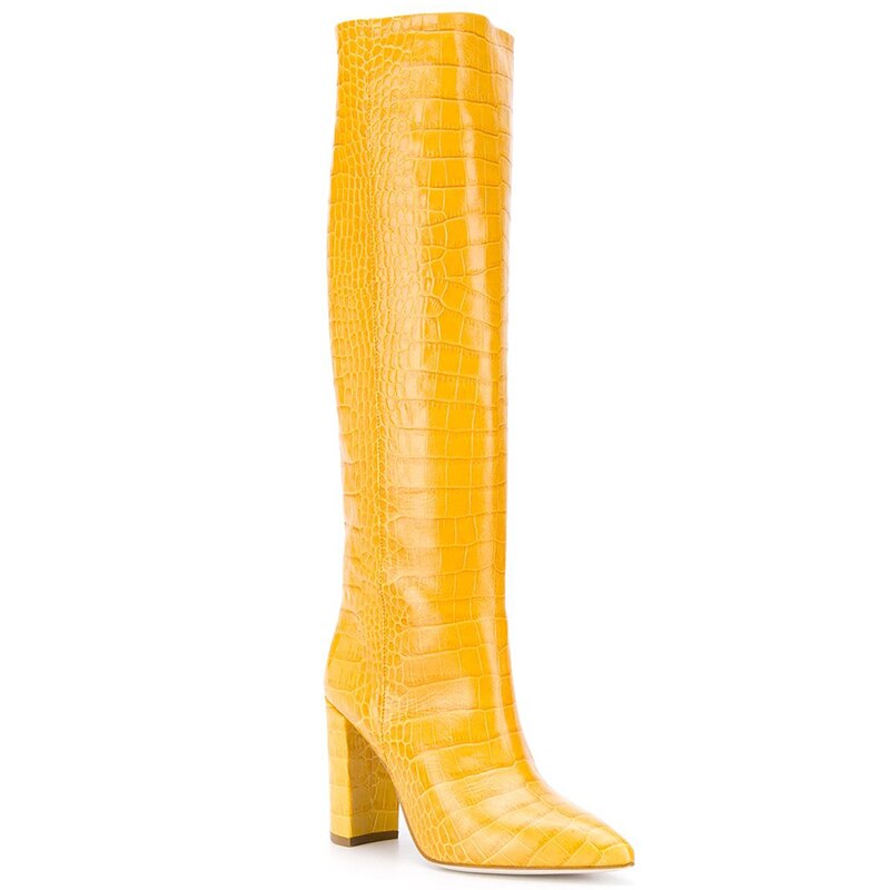 Women White Knee High Boots Crocodile Embossed Heel