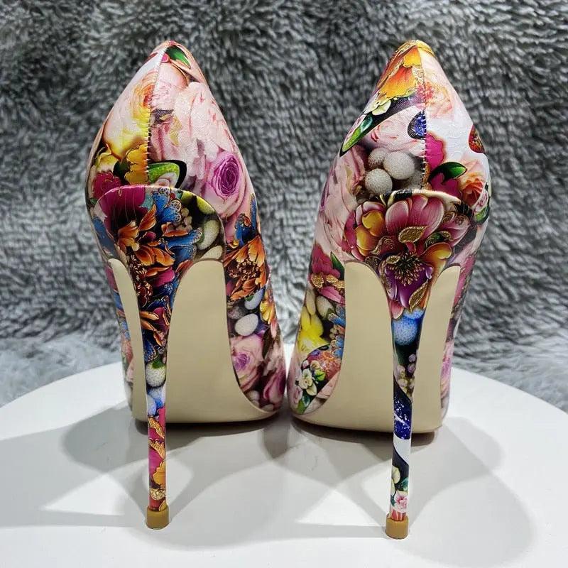 Floral Painting Print Pointy Toe High Heel eprolo