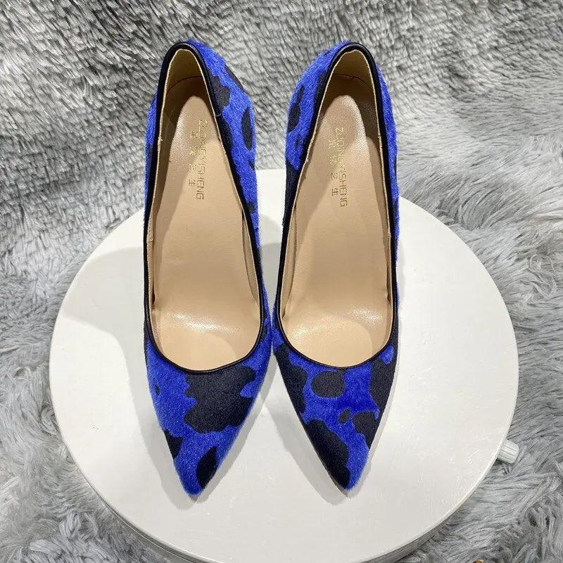 Tikicup Blue Cow Women Hairy Flock Pointy Toe High Heels eprolo
