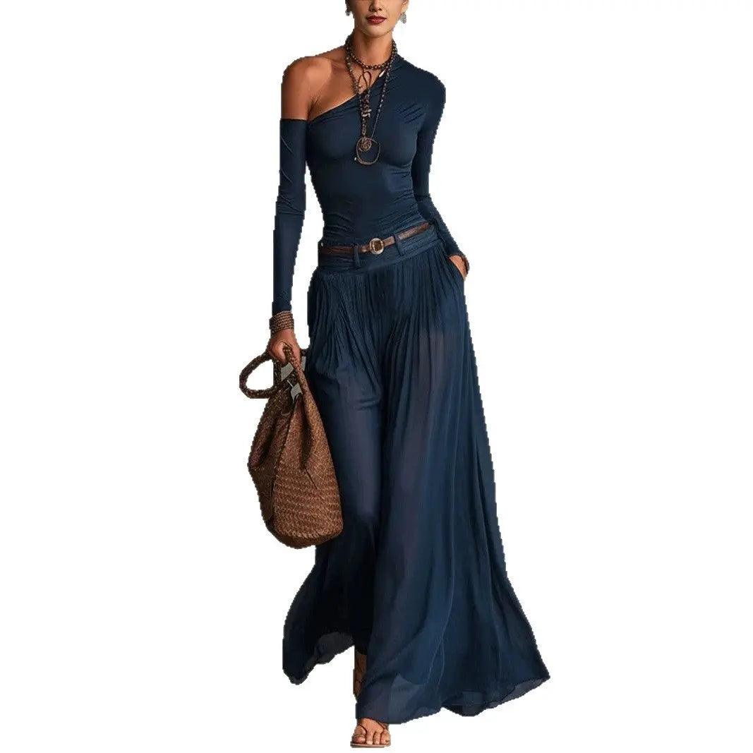 Fashionable Simple Solid Color Asymmetrical Shoulder Long Sleeve Casual Set with Belted Long Dress eprolo
