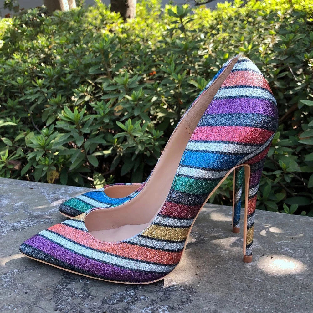 Tikicup Women Rainbow Iridescent High Heels Shiny Glitter Pointy Toe Stilettos