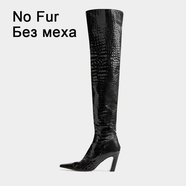 Autumn Winter Women Over Knee-High Boots Pointed Toe Real Leather Heels