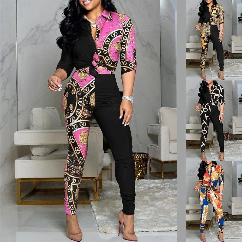 Scarf Chain Print Two Piece Set And Long Skinny Trousers eprolo