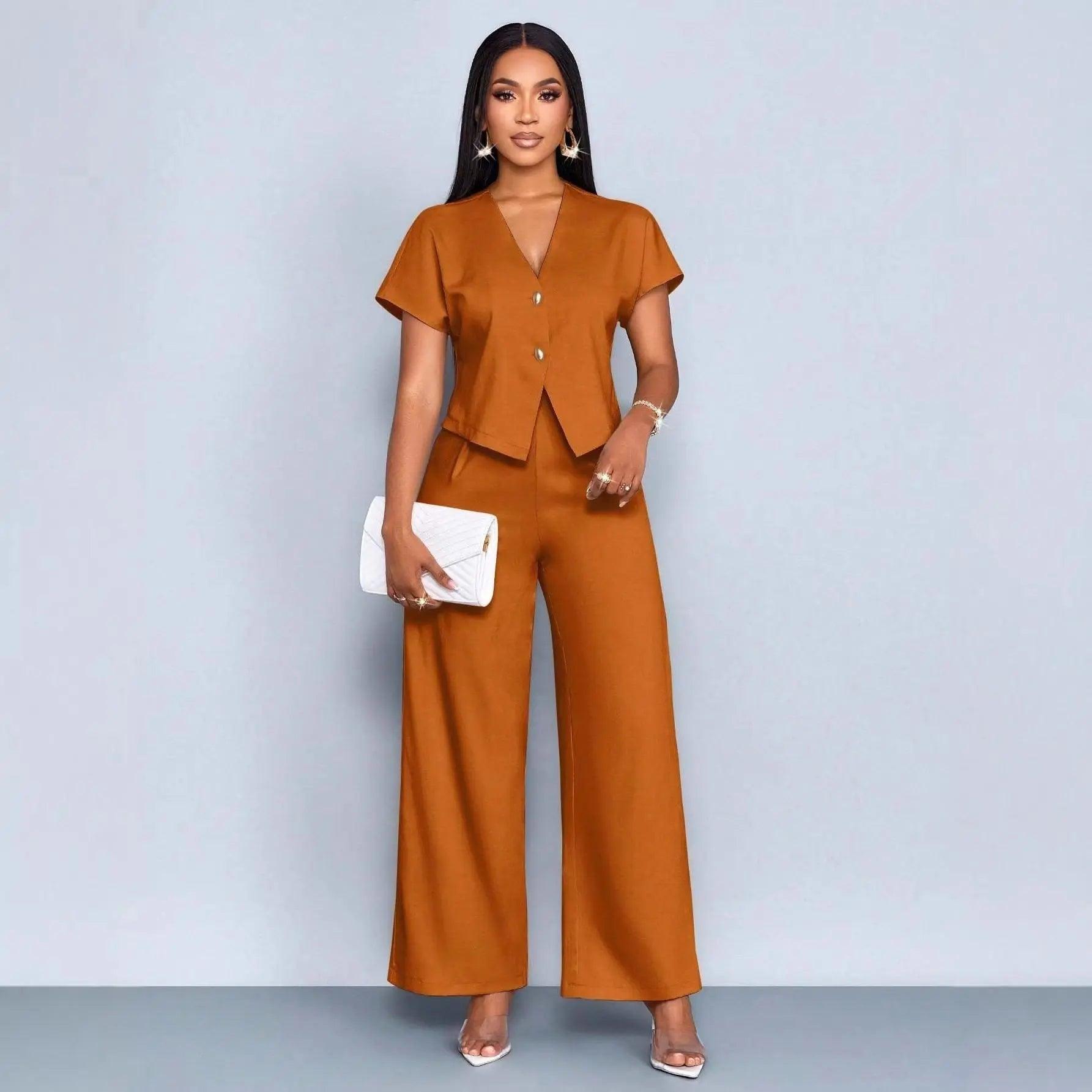 Two-Piece  Short Sleeve V-Neck Wide Leg Pants Set eprolo