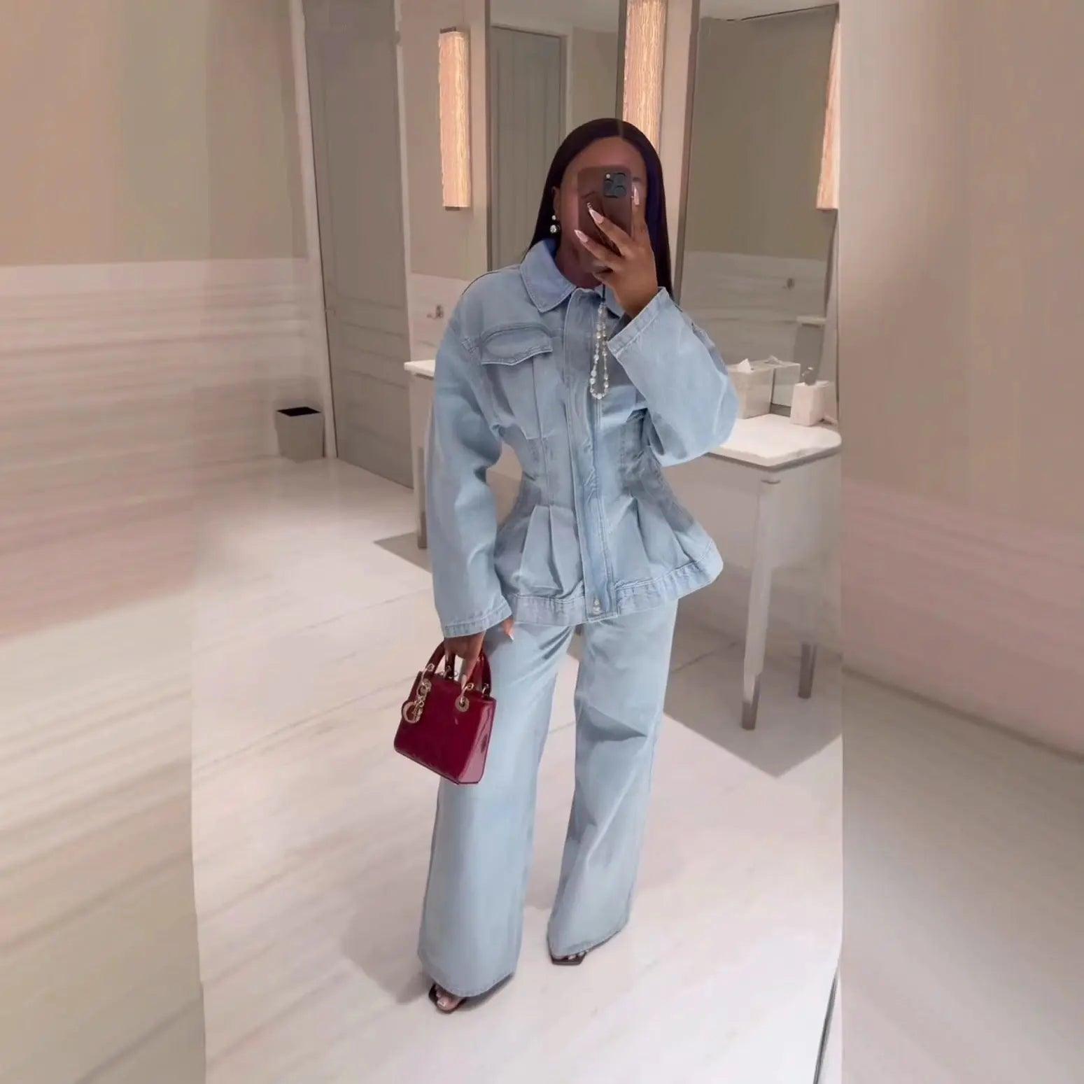 Lapel Waist-tied Denim Comfortable Jacket and Pants Set eprolo