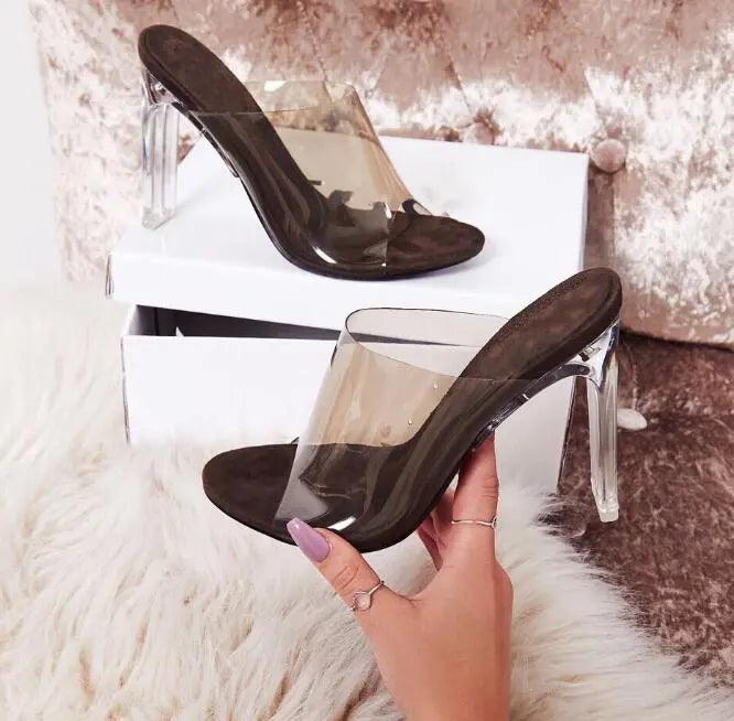 Women Slippers PVC Crystal heel Transparent Sexy Clear High heels Summer Slides Sandals Pumps 11cm Black Apricot eprolo