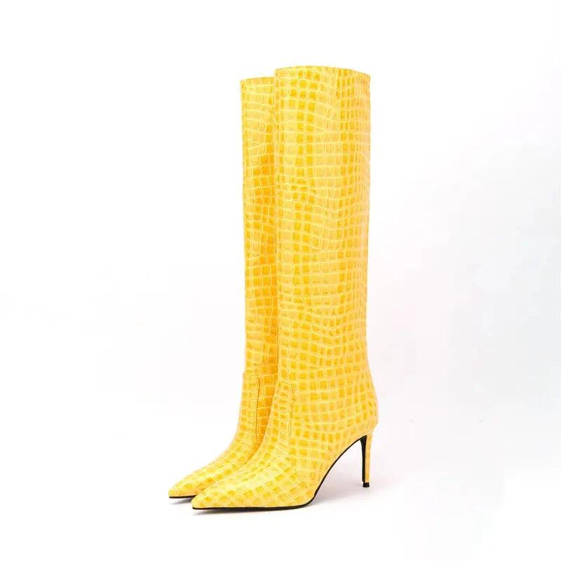 Women Knee High Boots Fluorescent Crocodile Leather Pointed Toe eprolo