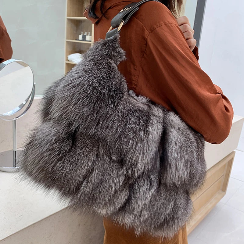 Women Winter Real Fox Fur Luxury Handbag