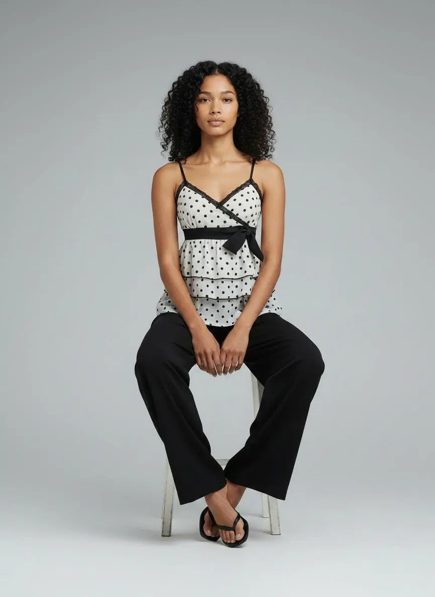 Model sitting while wearing Polka Dot Ruffle Hem Cami with Lace Trim