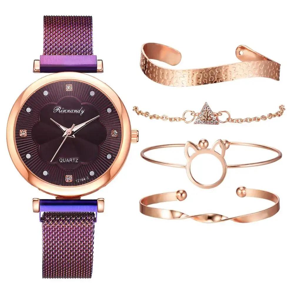 Reloj Mujer 5pcs Set Women Watches Luxury Magnet Buckle Flower Rhinestone eprolo