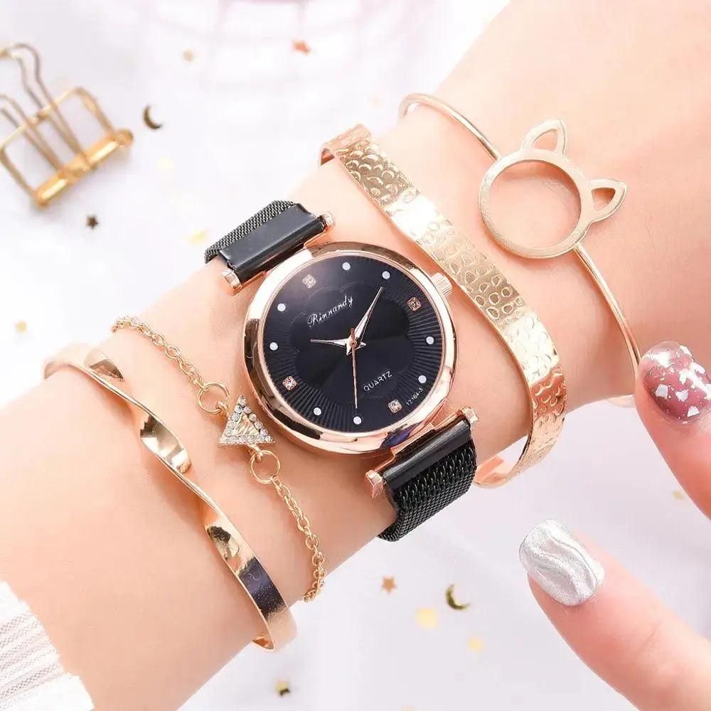 Reloj Mujer 5pcs Set Women Watches Luxury Magnet Buckle Flower Rhinestone eprolo