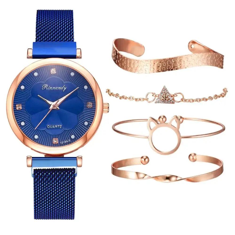 Reloj Mujer 5pcs Set Women Watches Luxury Magnet Buckle Flower Rhinestone eprolo