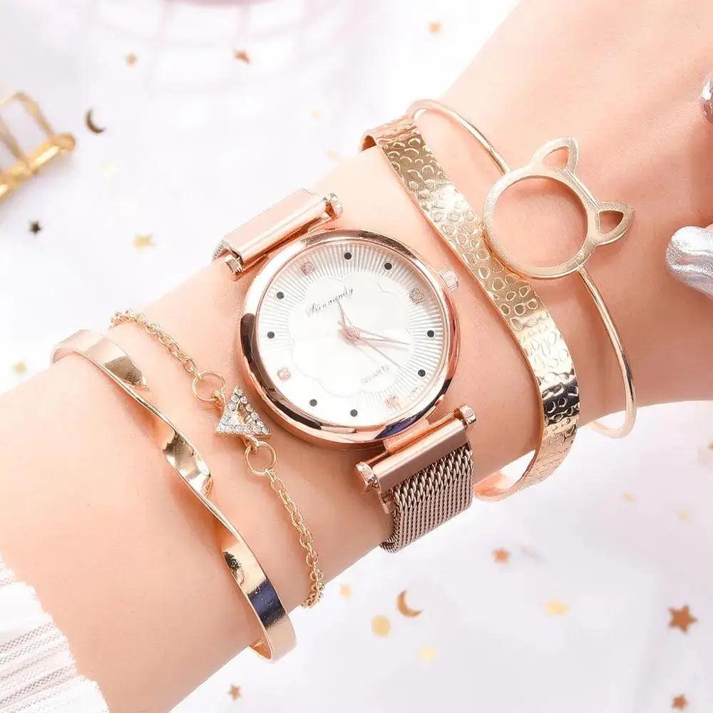 Reloj Mujer 5pcs Set Women Watches Luxury Magnet Buckle Flower Rhinestone eprolo