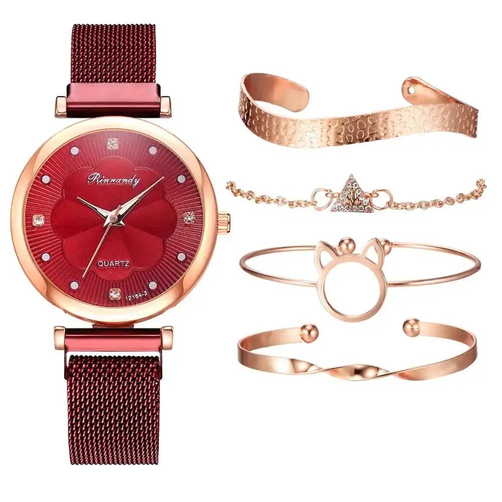 Reloj Mujer 5pcs Set Women Watches Luxury Magnet Buckle Flower Rhinestone eprolo