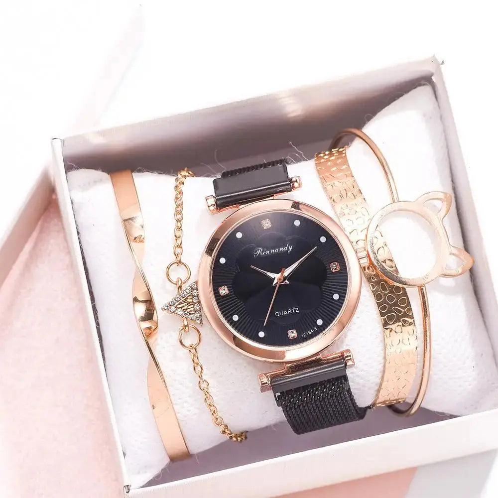 Reloj Mujer 5pcs Set Women Watches Luxury Magnet Buckle Flower Rhinestone eprolo
