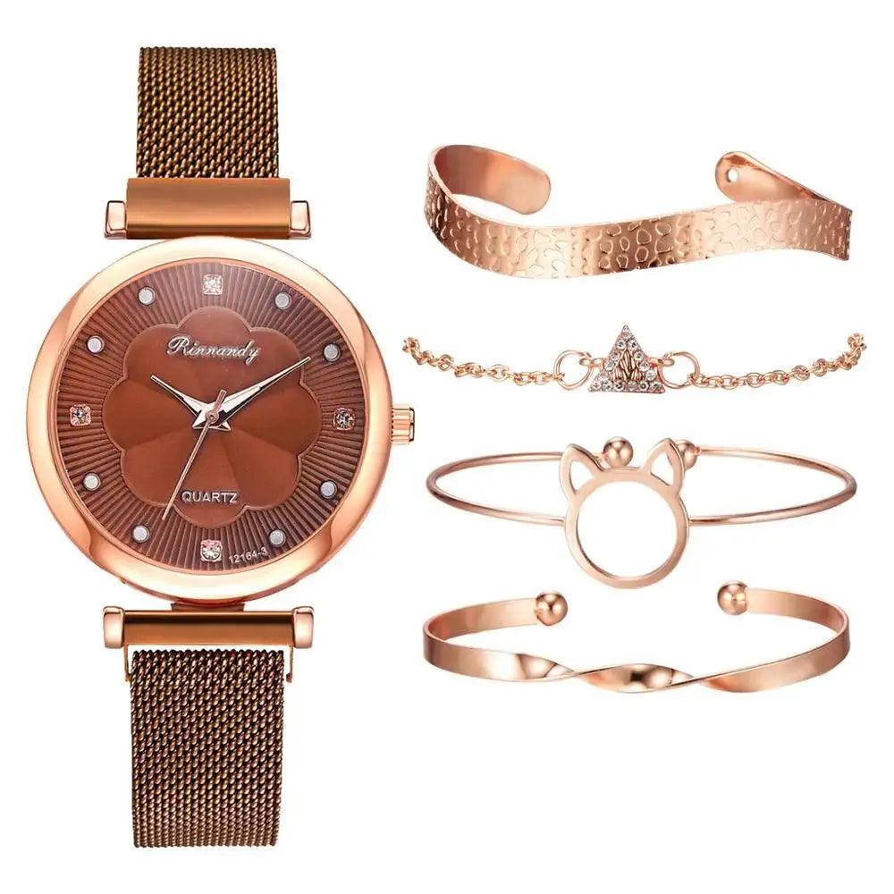 Reloj Mujer 5pcs Set Women Watches Luxury Magnet Buckle Flower Rhinestone eprolo