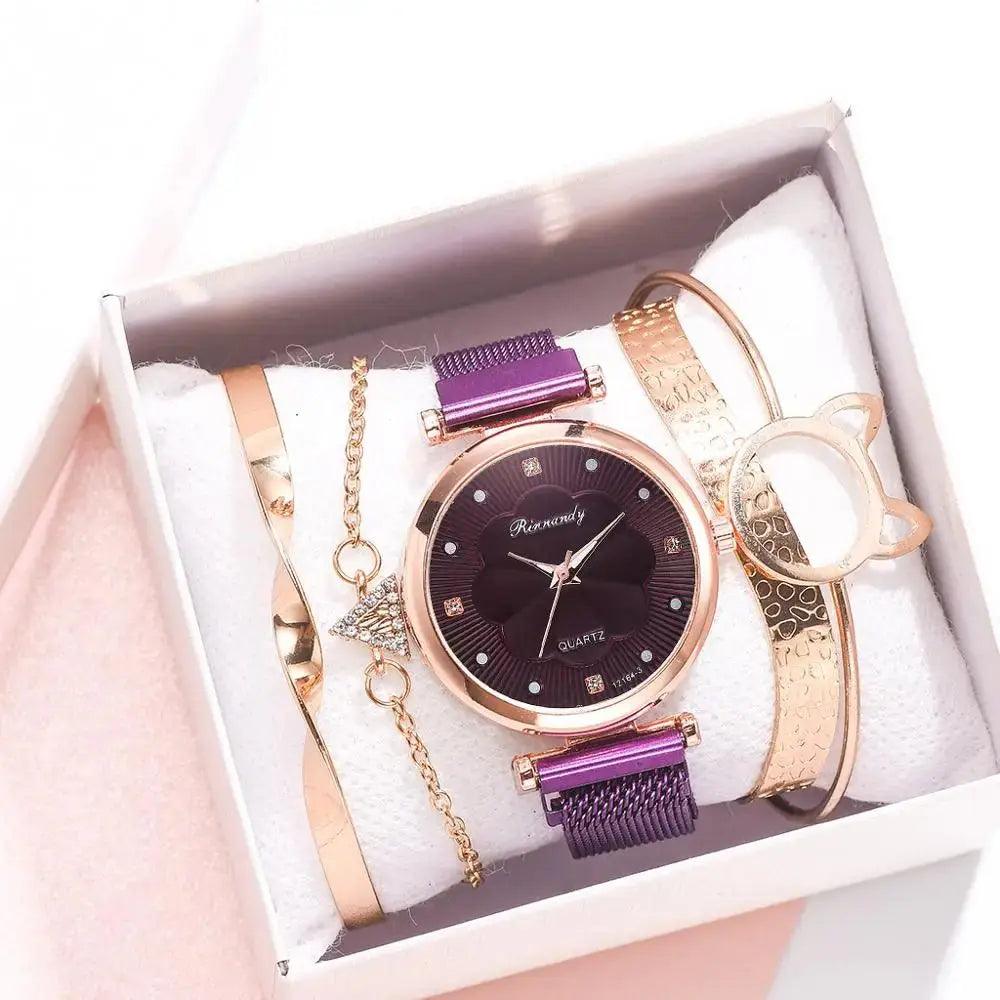 Reloj Mujer 5pcs Set Women Watches Luxury Magnet Buckle Flower Rhinestone eprolo