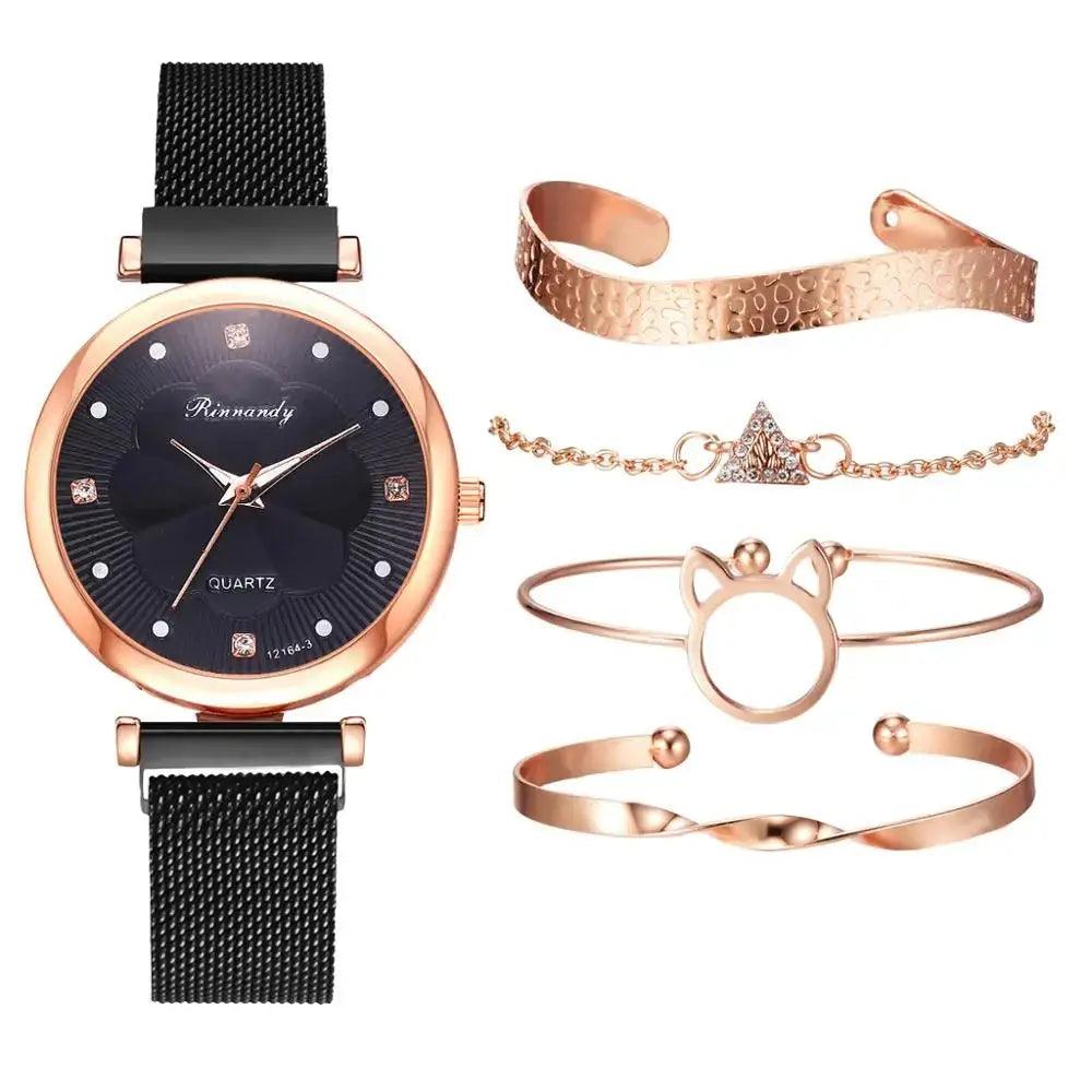 Reloj Mujer 5pcs Set Women Watches Luxury Magnet Buckle Flower Rhinestone eprolo