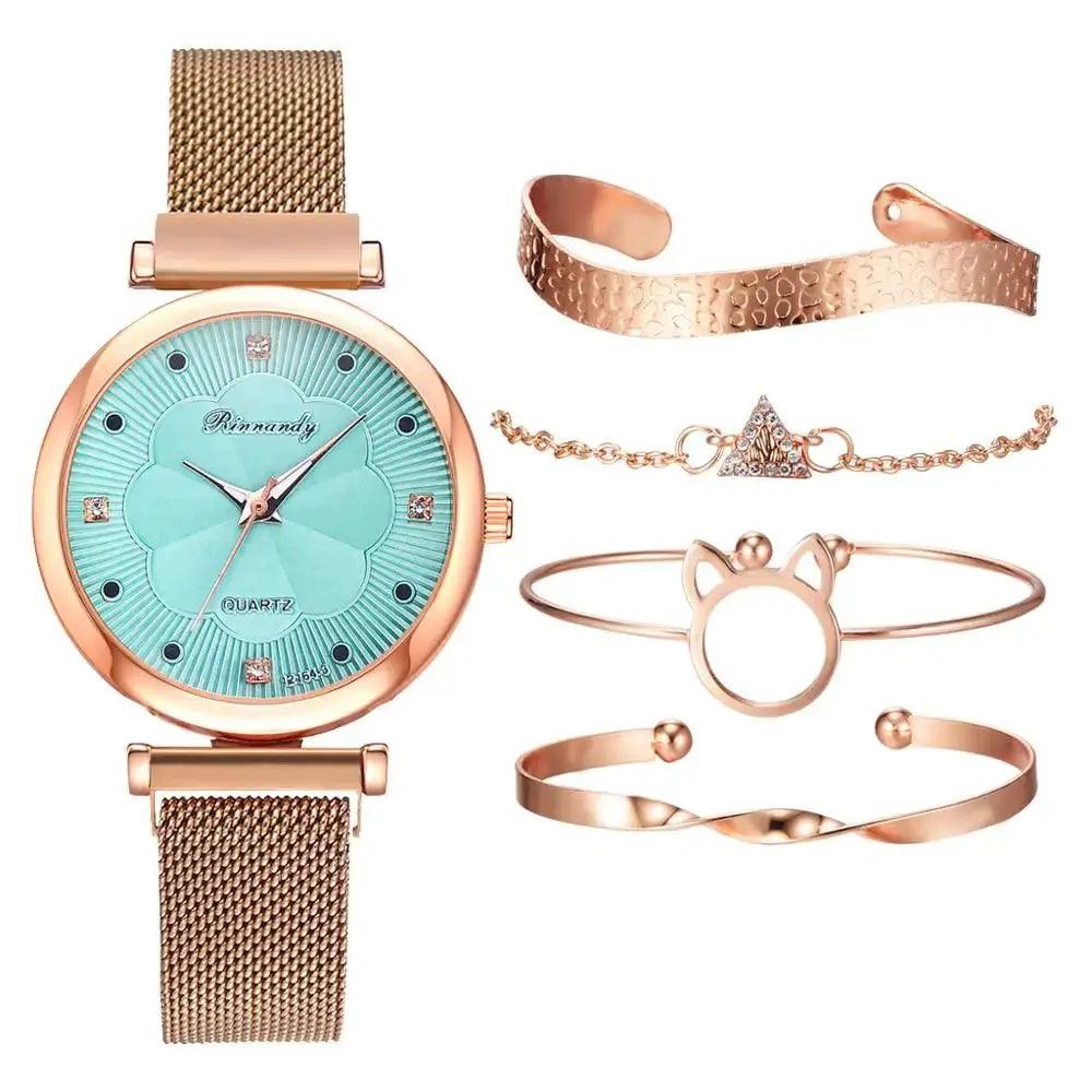 Reloj Mujer 5pcs Set Women Watches Luxury Magnet Buckle Flower Rhinestone eprolo
