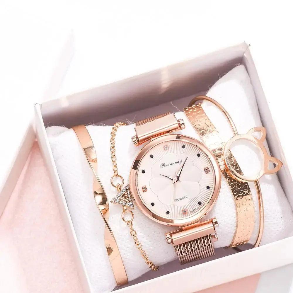 Reloj Mujer 5pcs Set Women Watches Luxury Magnet Buckle Flower Rhinestone eprolo