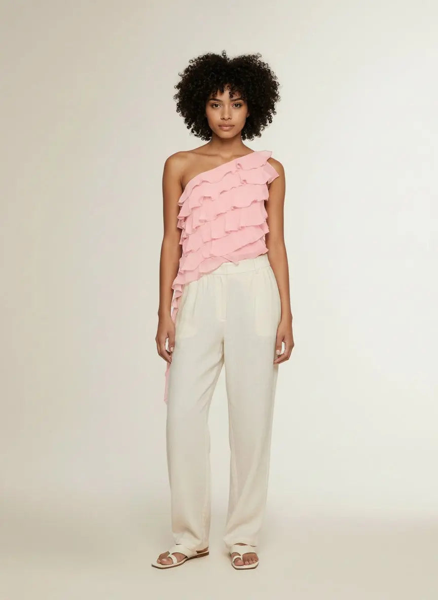 Full body view of the model wearing Layered Ruffled One Shoulder Tank