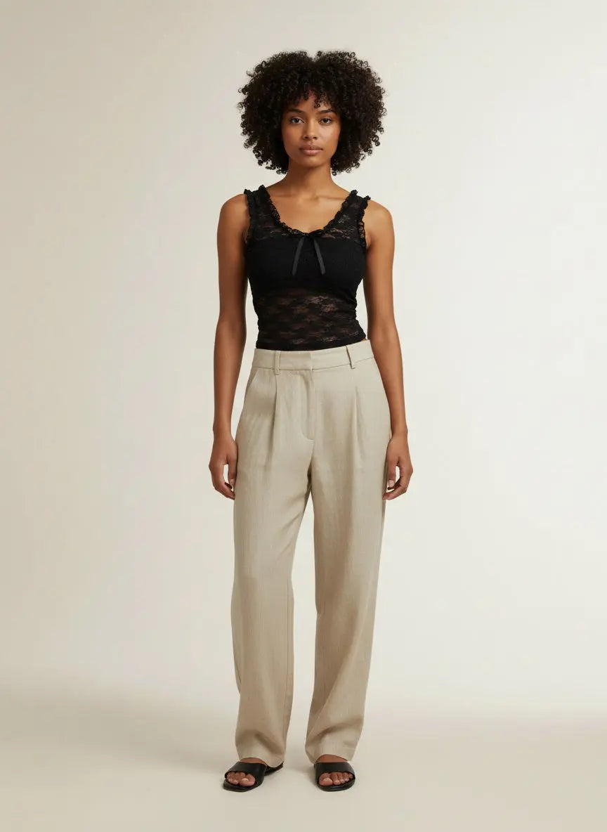 Full body view of the model wearing Lace Wide Strap Tank