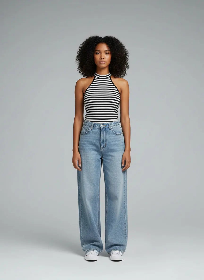 Full body view of the model wearing Striped Cutout Shoulder Cami