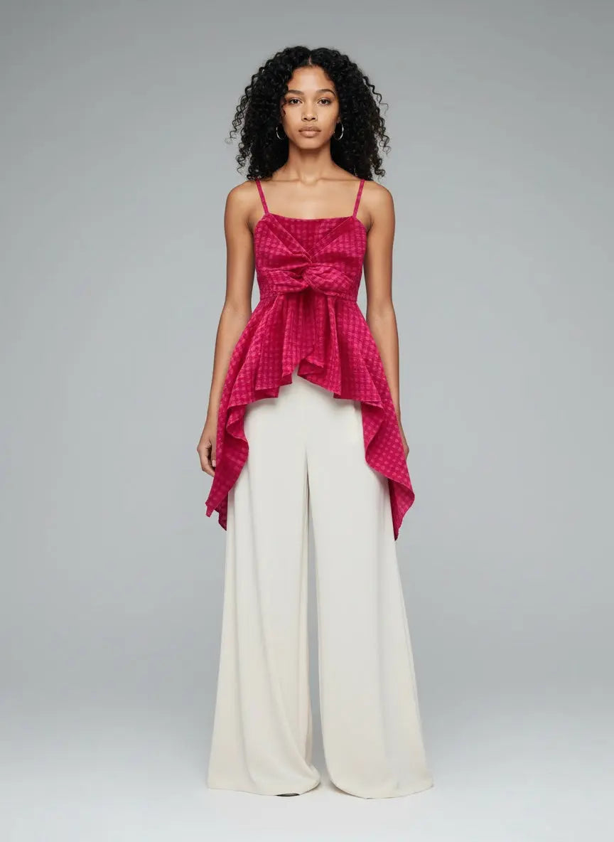 Full body view of the model wearing Twisted Font Asymmetrical Cami