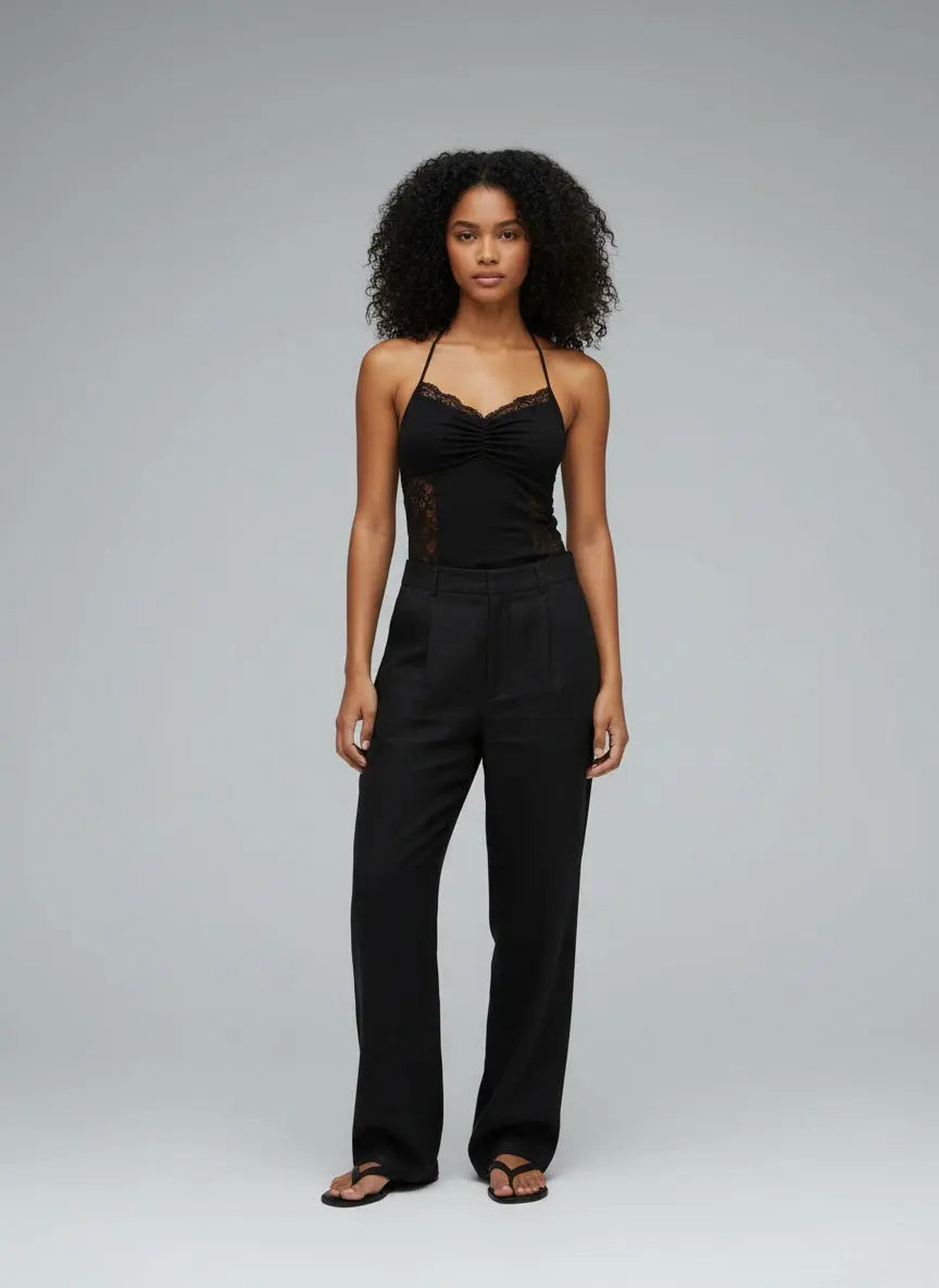 Full body view of the model wearing Lace Halter Neck Cami