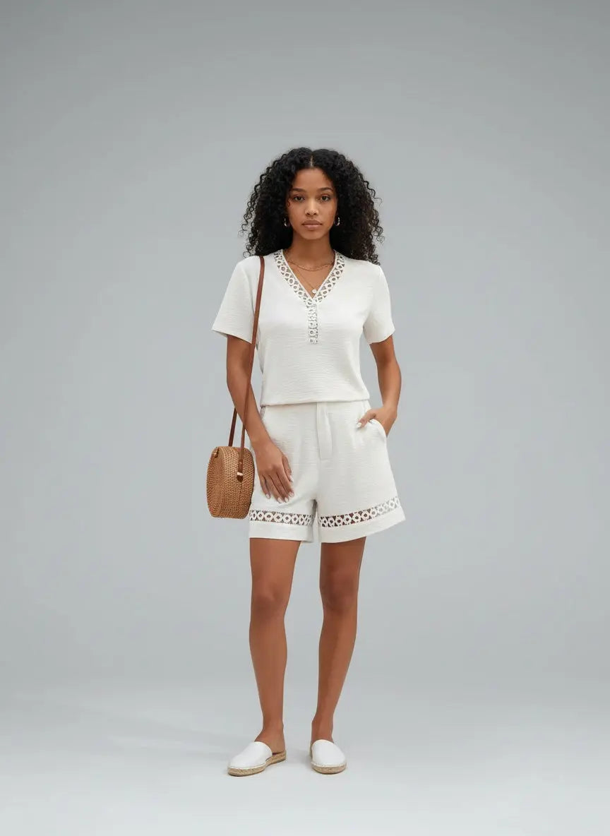 Full body view of the model wearing Lace Trim V-Neck Top and Shorts Two-Piece Set