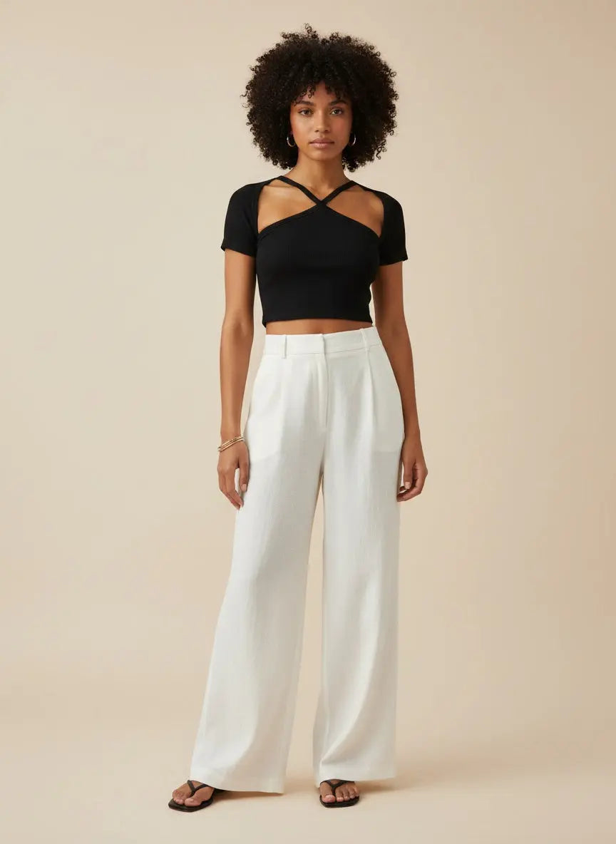 Full body view of the model wearing Cutout Short Sleeve Cropped Top