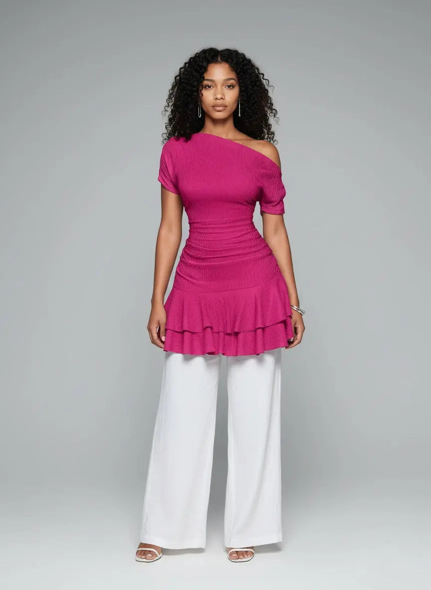 Full body view of the model wearing One-Shoulder Ruffle Hem Mini Dress