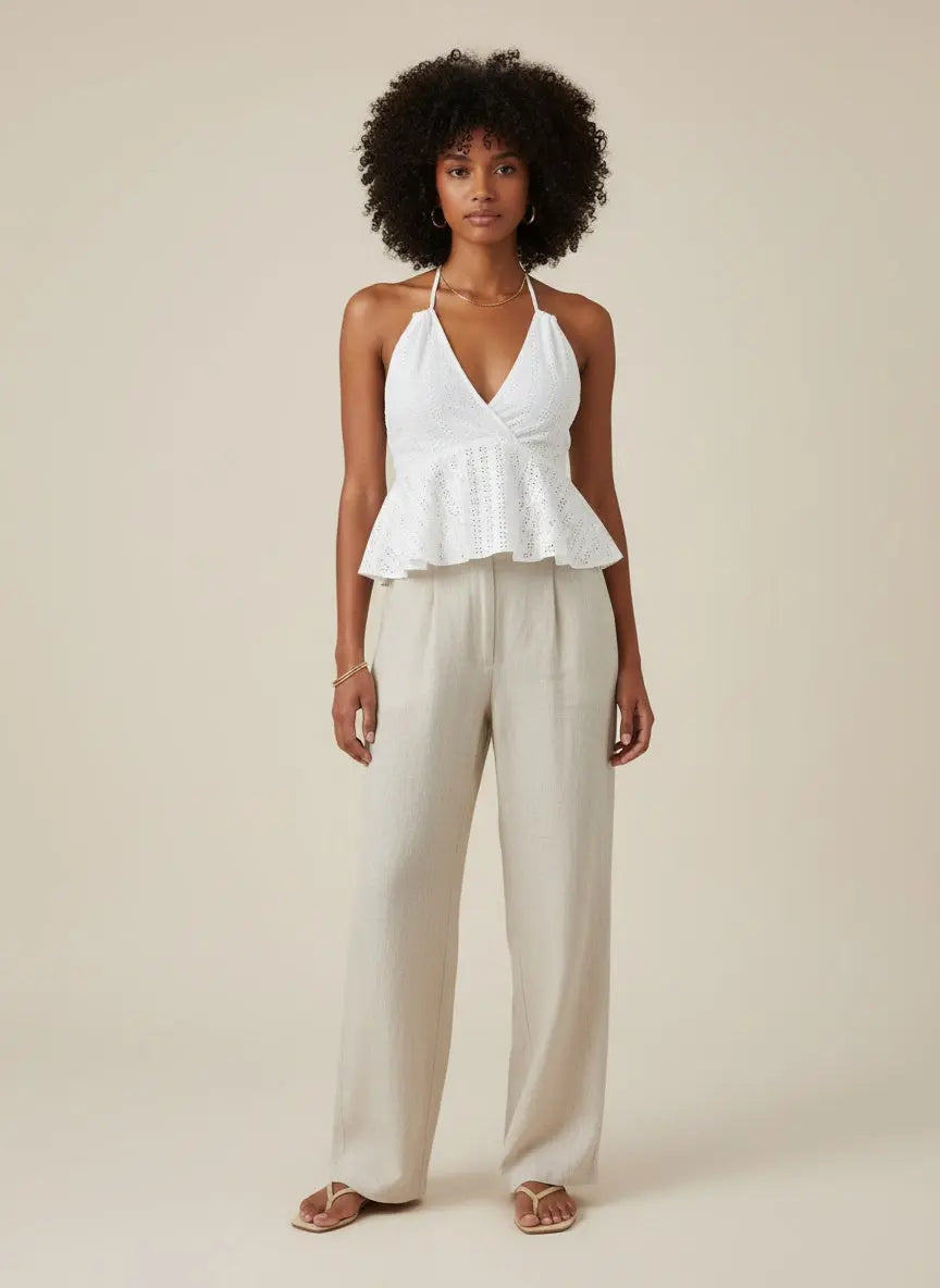 Full body view of the model wearing Eyelet Halter Neck Cami Top