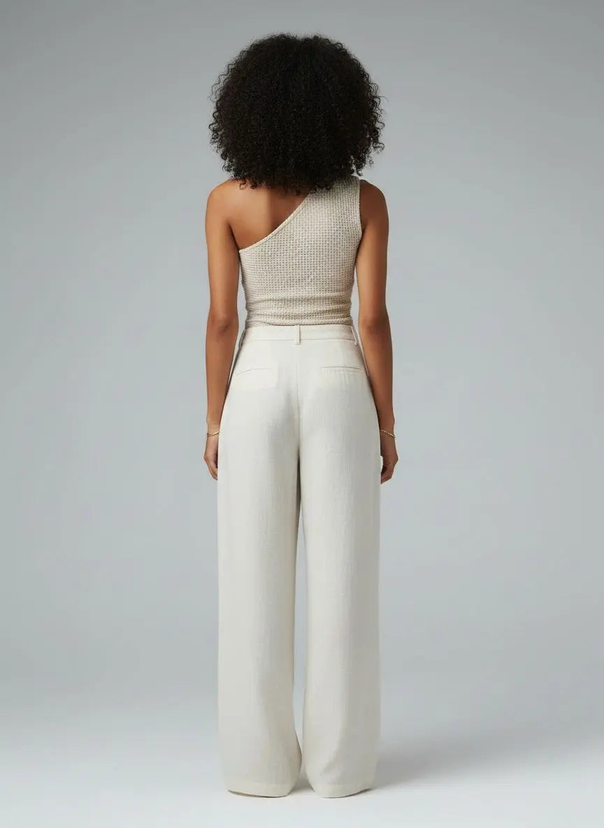 Back pose of the model wearing Textured Waffle Knit One-Shoulder Tank