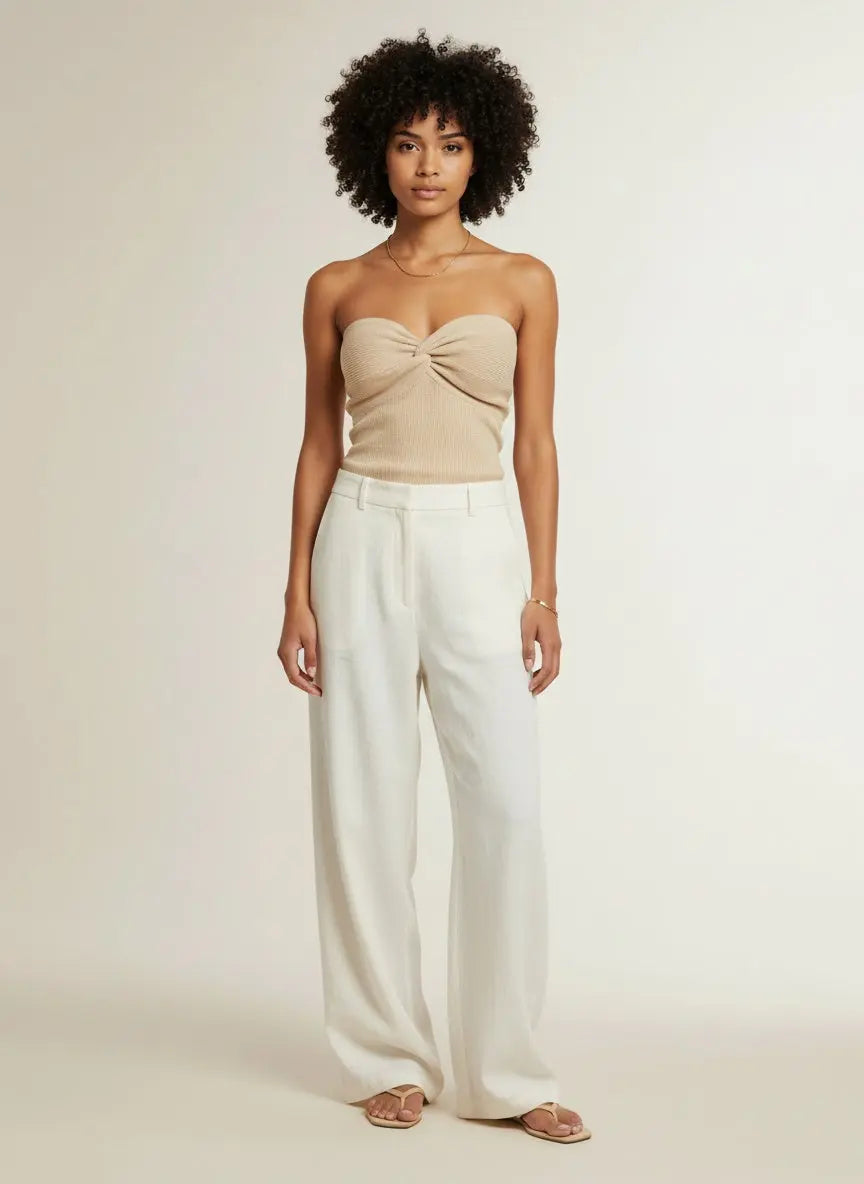 Full body view of the model wearing Twist-Front Ribbed Knit Tube