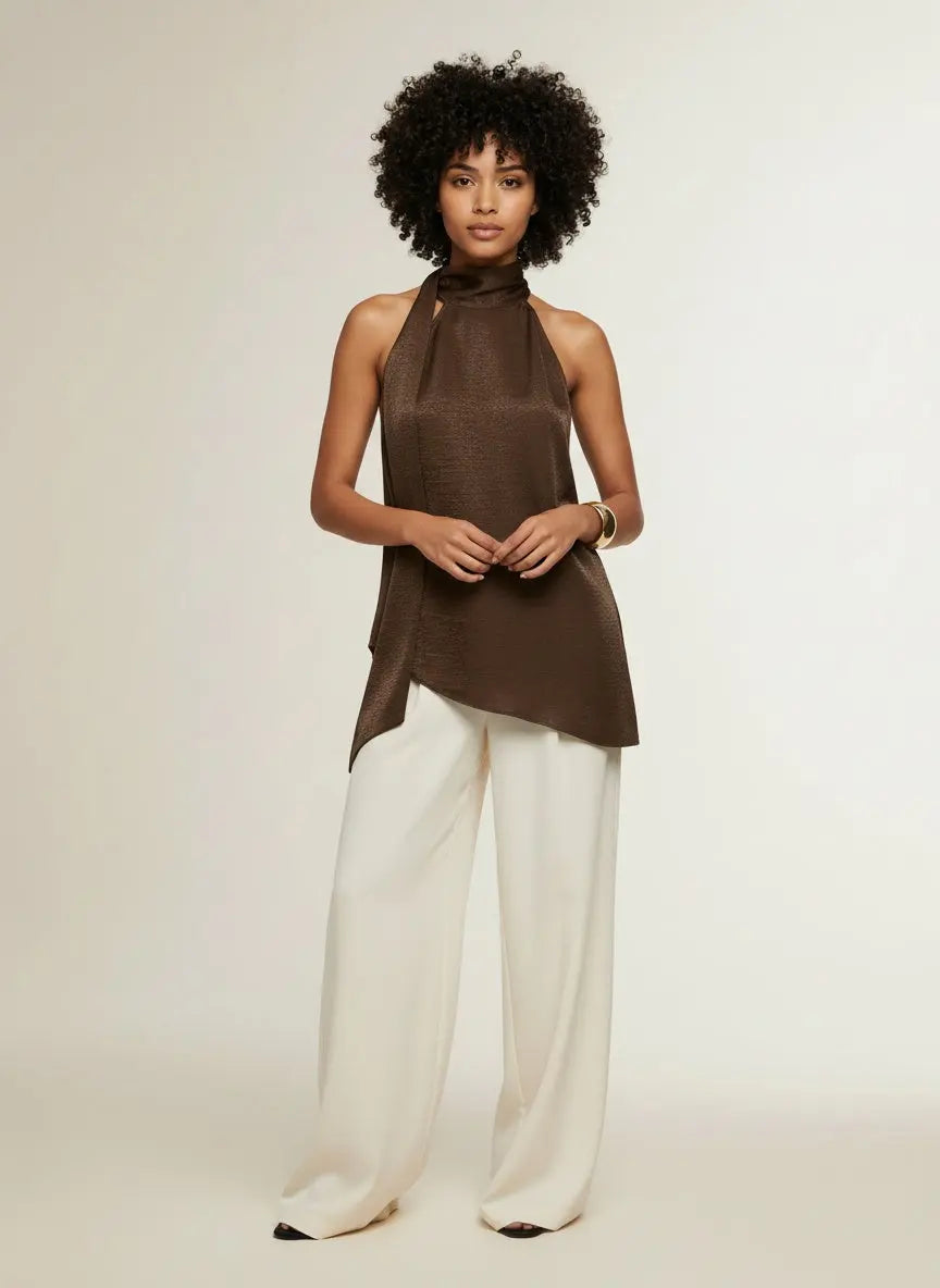 Full body view of the model wearing Elegant Halter Neck Asymmetrical Sleeveless Top