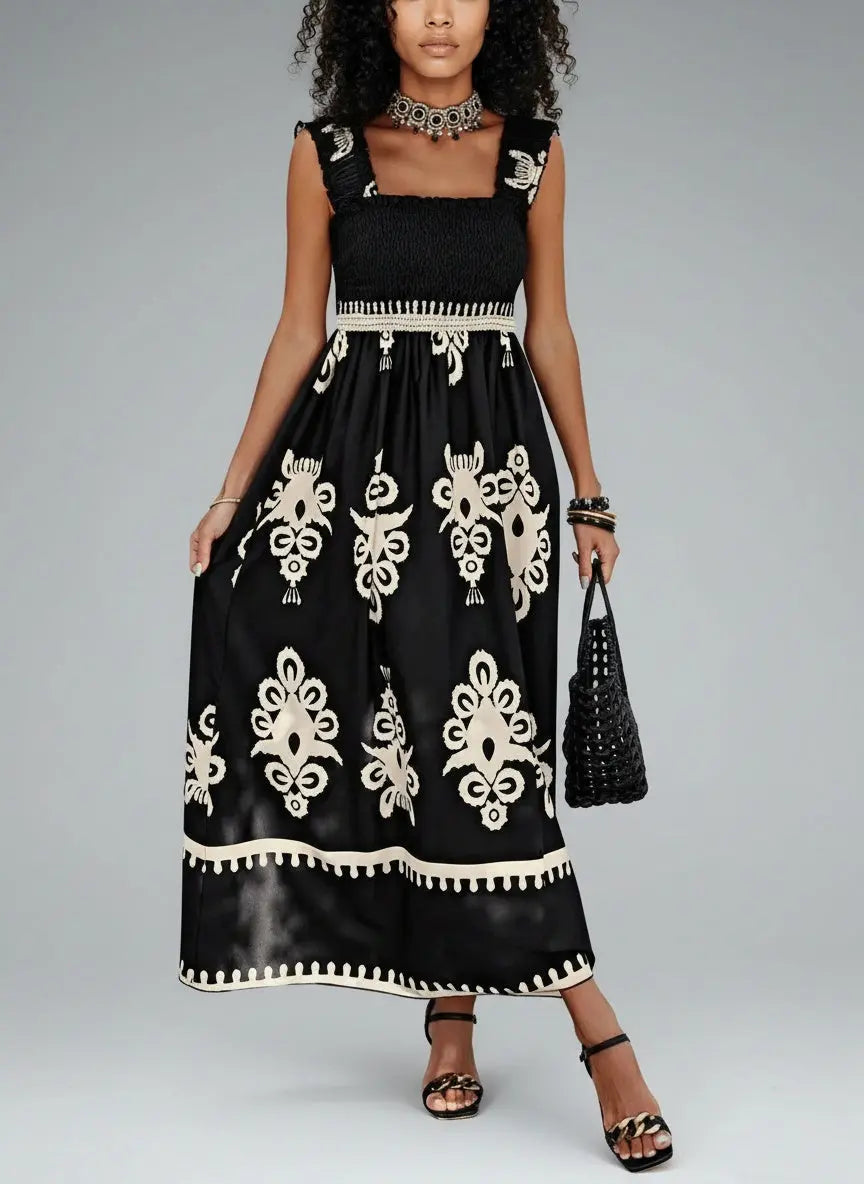 Full body view of the model wearing Smocked Printed Wide Strap Maxi Dress