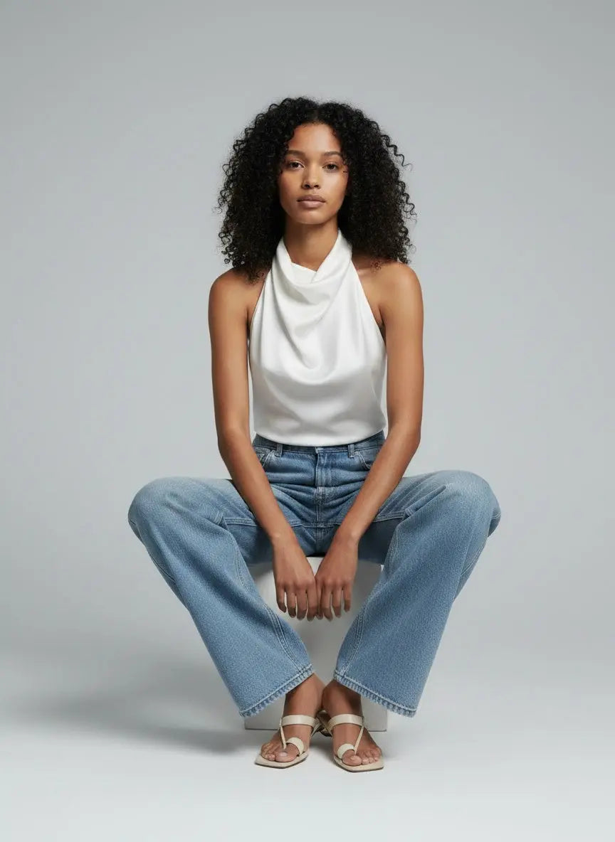 Model sitting while wearing Halter Neck Satin Cami