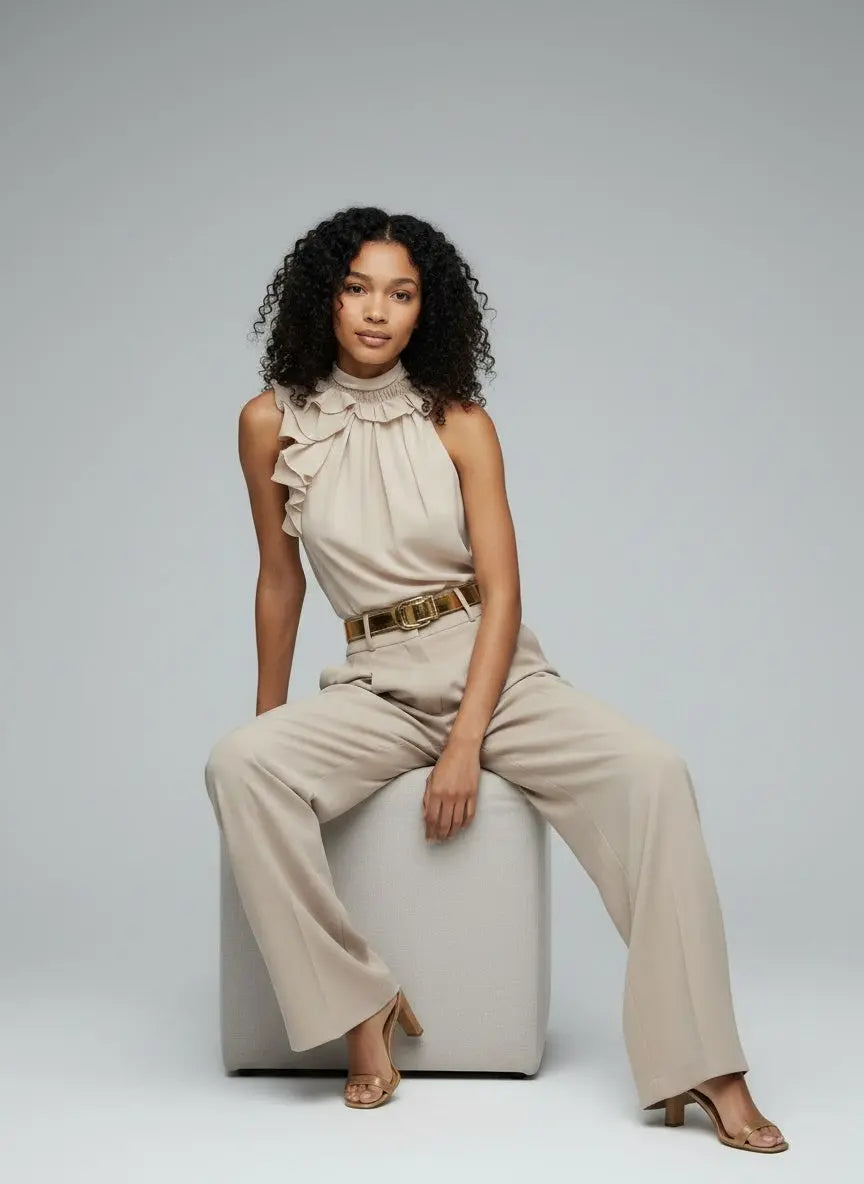 Model sitting while wearing Ruffle High Neck Sleeveless Top