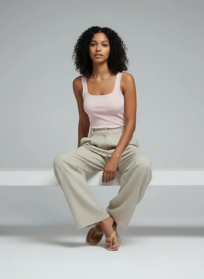 Model sitting while wearing Ribbed Knit Slim Fit Tank